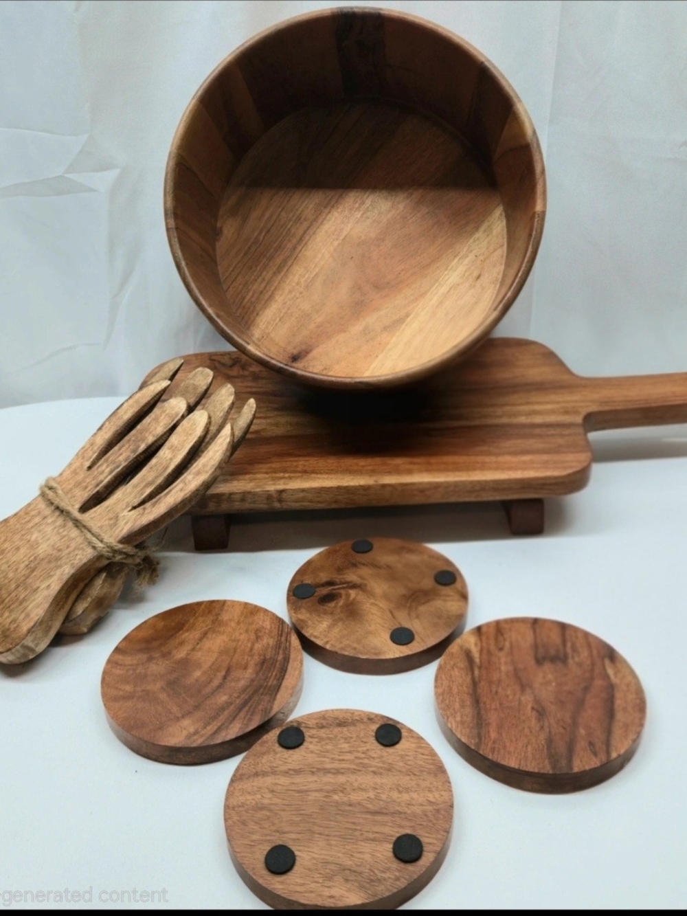 Source Unknown Natural Wood Salad Bowl Set with Coasters - Brown